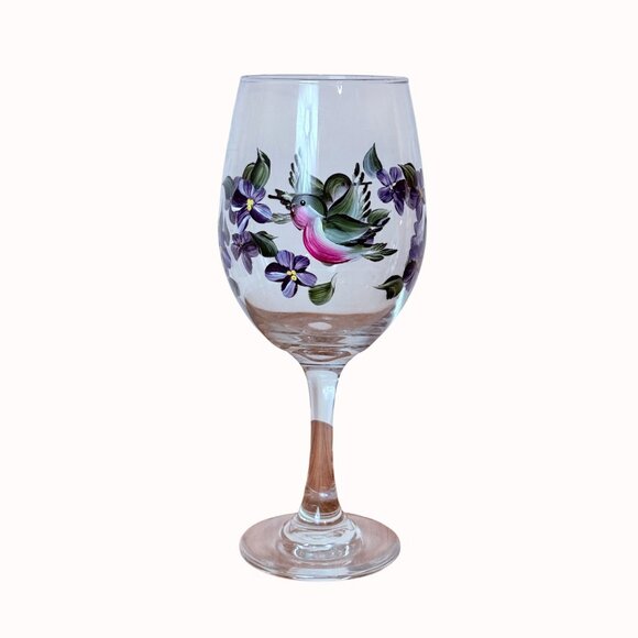 Hand Painted Hummingbird Wine Glass Artistic Purple Violets Stemware Bird Gift - Picture 13 of 14